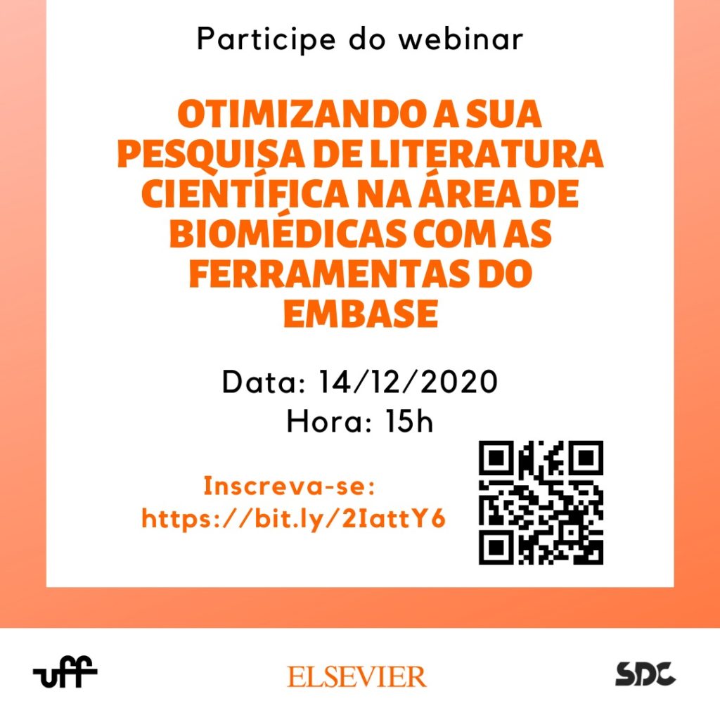 Banner: Participe do Webinar Otimizando a sua pesquisa de literatura científica na área de biomédicas com as ferramentas do Embase, data 14 de dezembro de 2020 às 15 horas