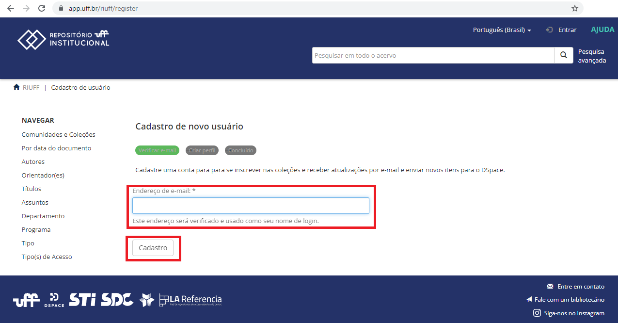Entrar no DSpace, página de login do RIUFF
