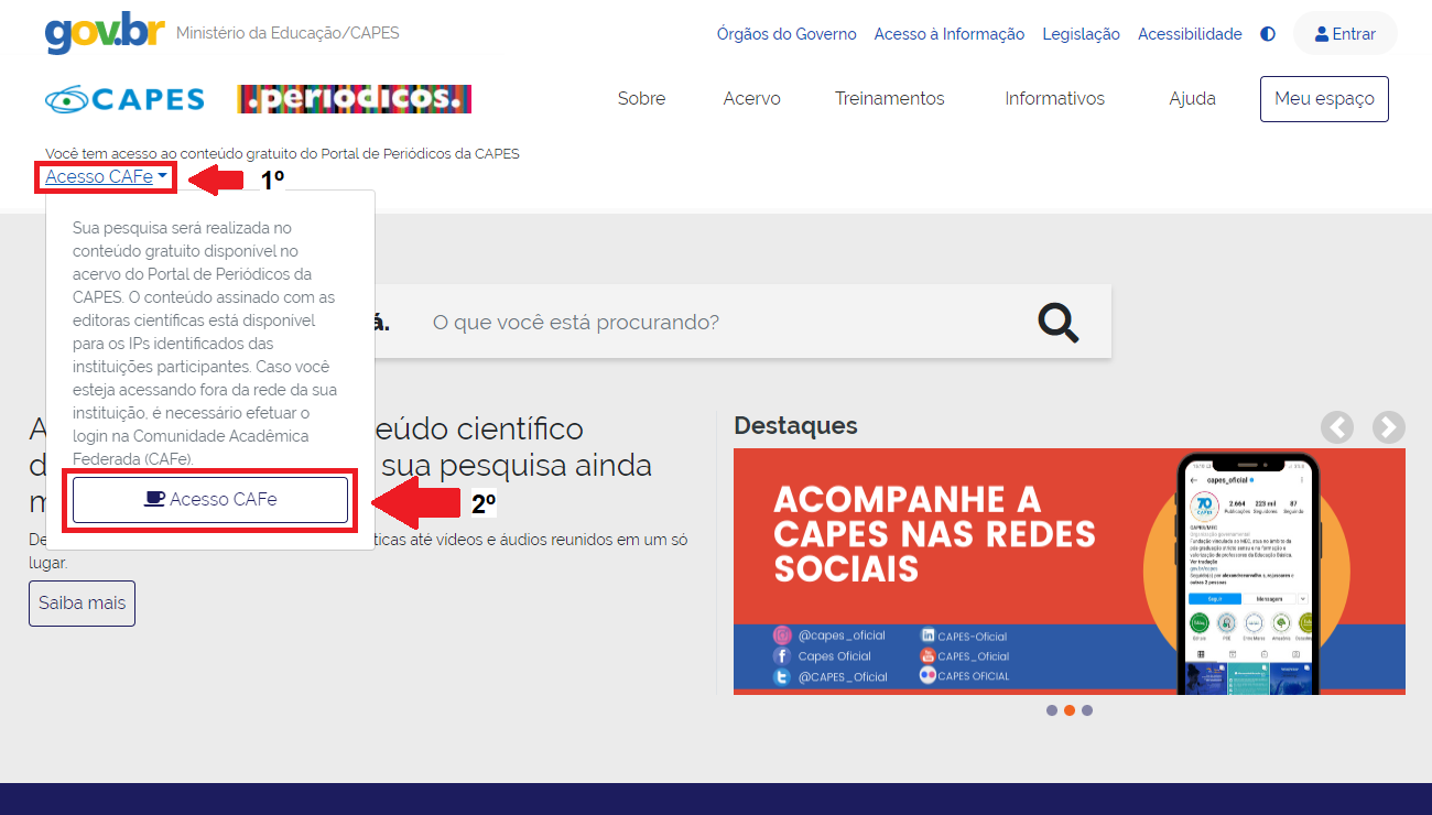 Selecionando opção de autenticação via CAFe