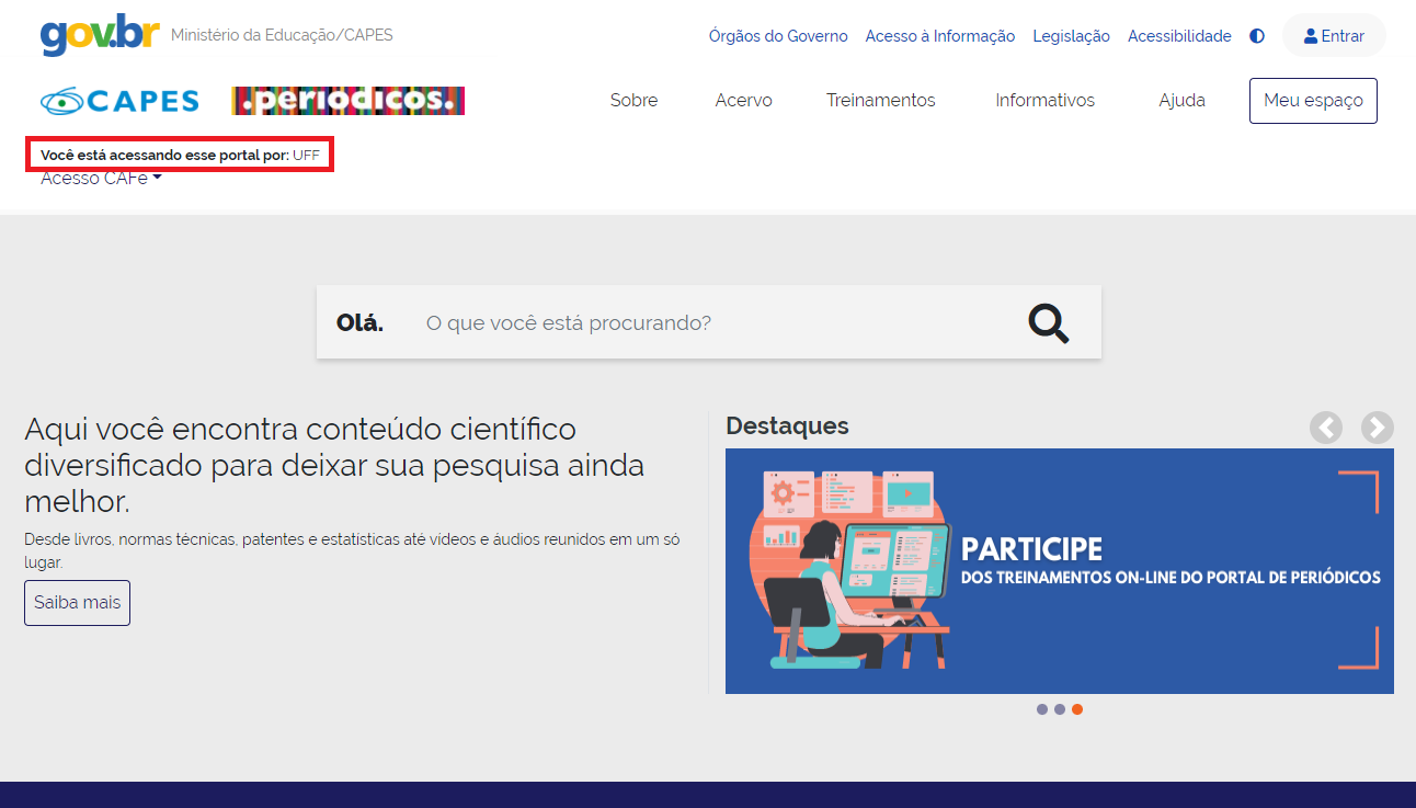 Página inicial após autenticação via CAFe