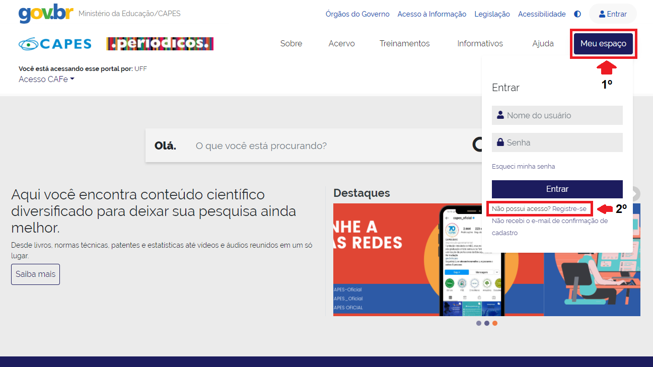 Página inicial após autenticação via CAFe